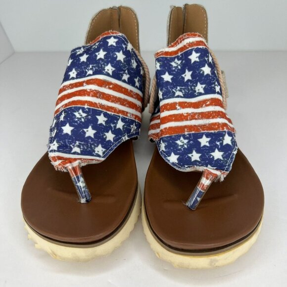 Womens Round Clip Toe American Flag Back Zip Denim Synthetic Size 7 Flat Sandals - Picture 3 of 8